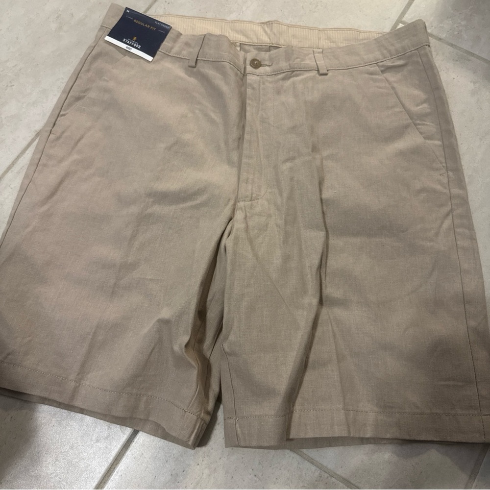 NWT Stafford Linen Shorts  Flat Front Slim Fit Mens 36   Tan NEW $60  U9